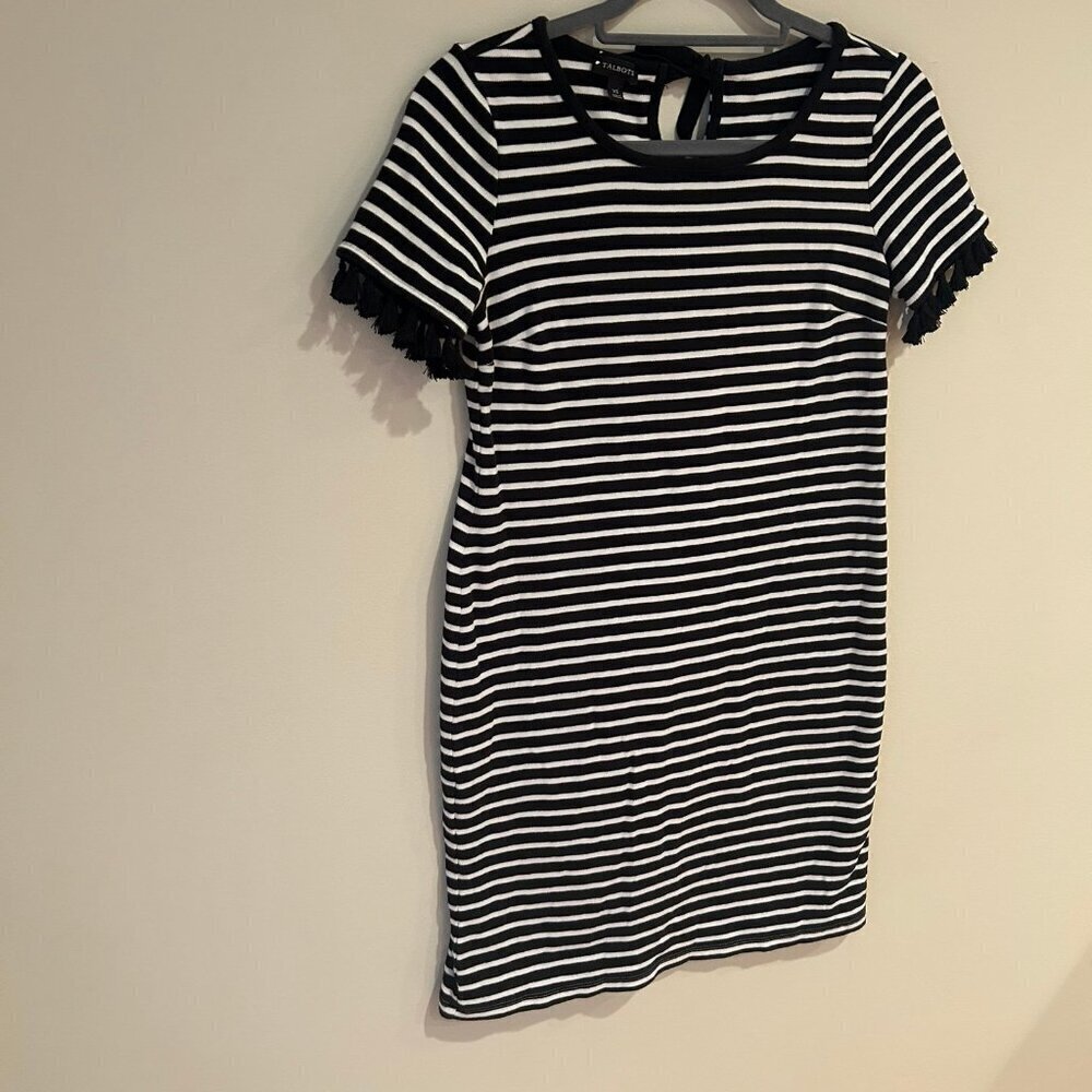 NWOT Talbots Women's XS Black & White Striped Tassel Trim Stretch Knit Dress - Picture 3 of 8